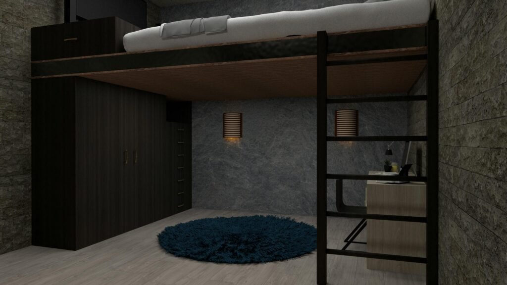 Stylish modern loft bedroom with minimalist design and multifunctional furniture.