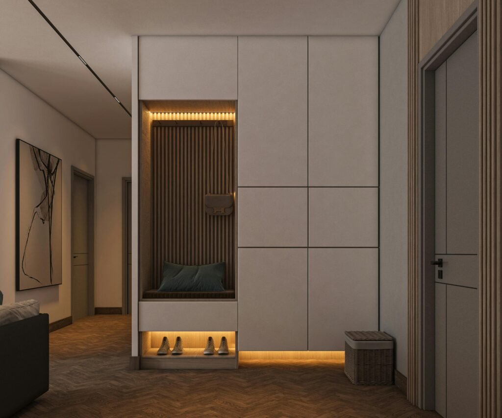 Contemporary interior showcasing minimalist wardrobe and cozy seating area in Egypt.