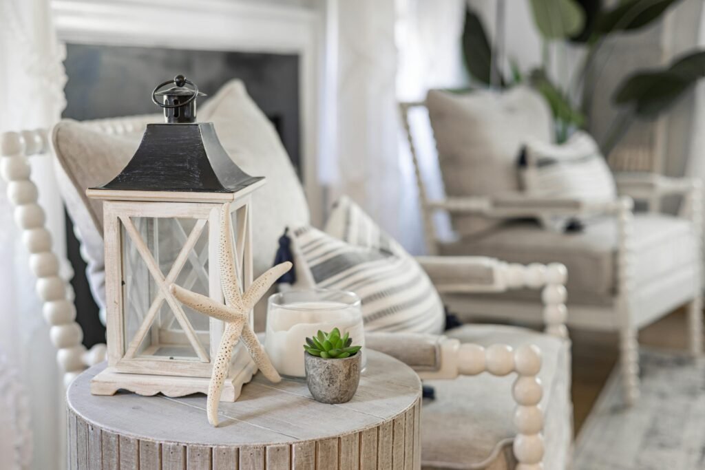 Elegant coastal-themed living room with stylish decor and natural elements.