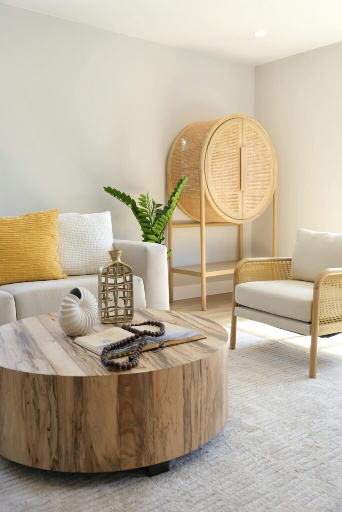 Bright, modern living room featuring neutral tones and natural textures. Perfect for home inspiration.